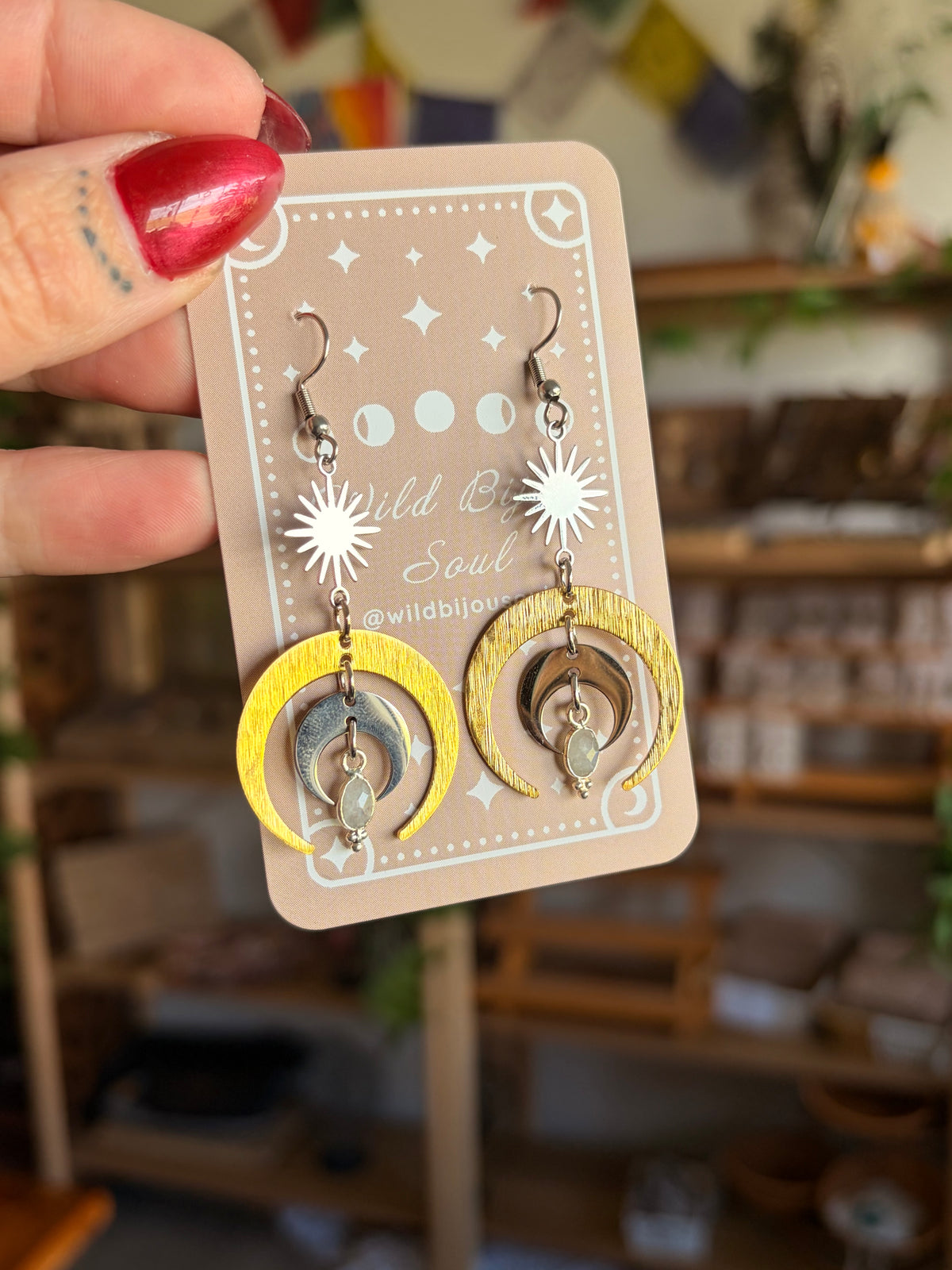 Silver and Gold moonstone earrings