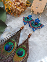 Load image into Gallery viewer, Peacock Macrame Feather Earrings
