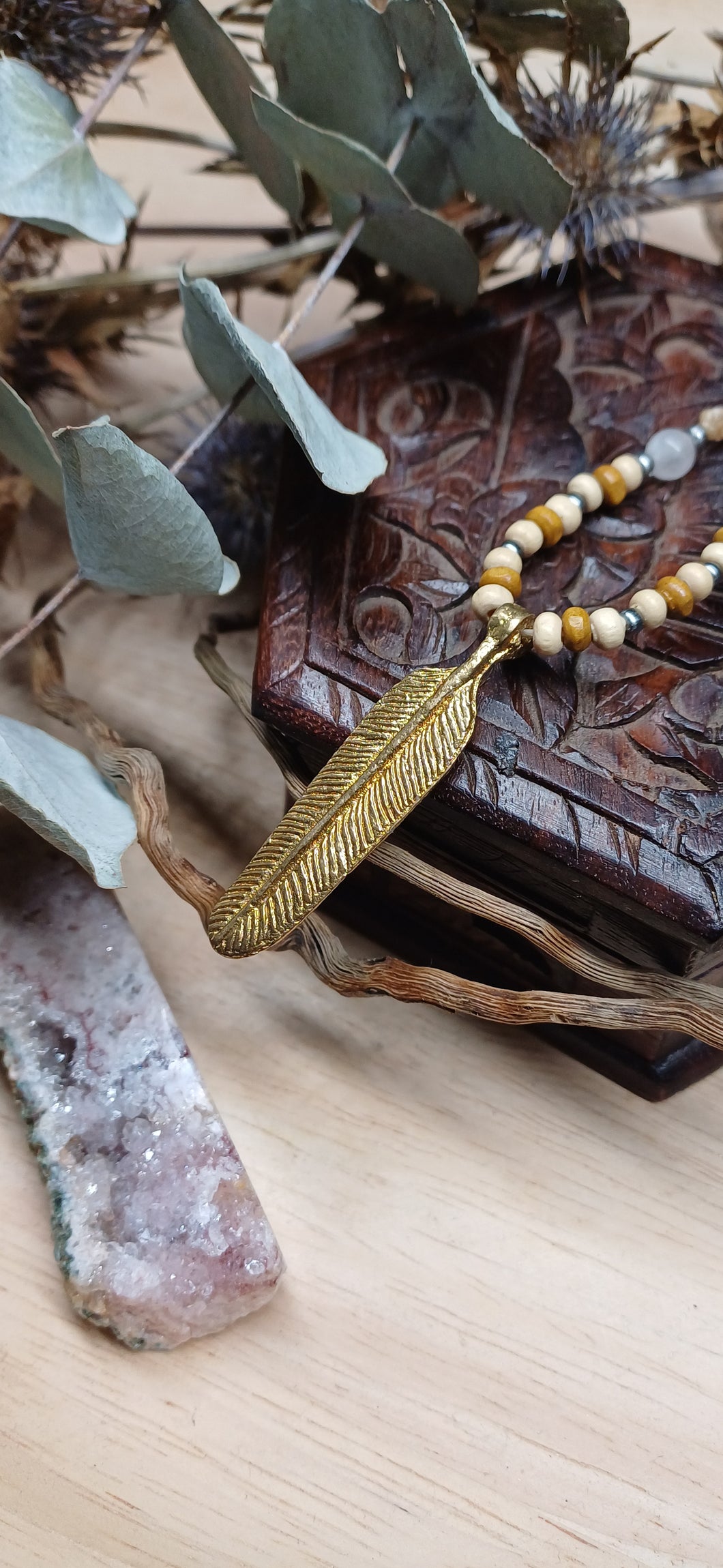 Handmade Brass Feather Necklace with Rose Quartz