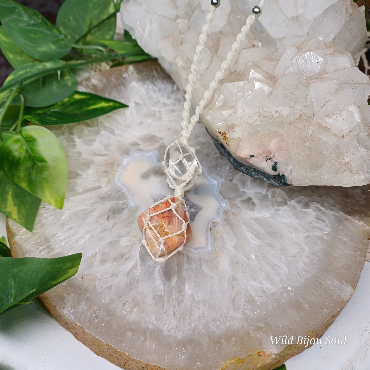 Crazy Lace Agate and Clear Quartz Necklace