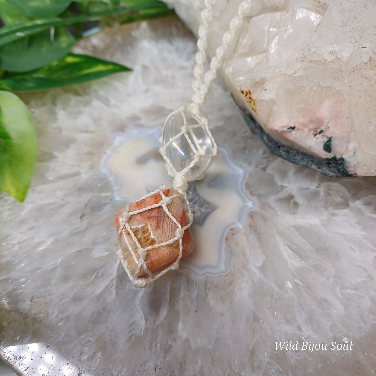 Crazy Lace Agate and Clear Quartz Necklace