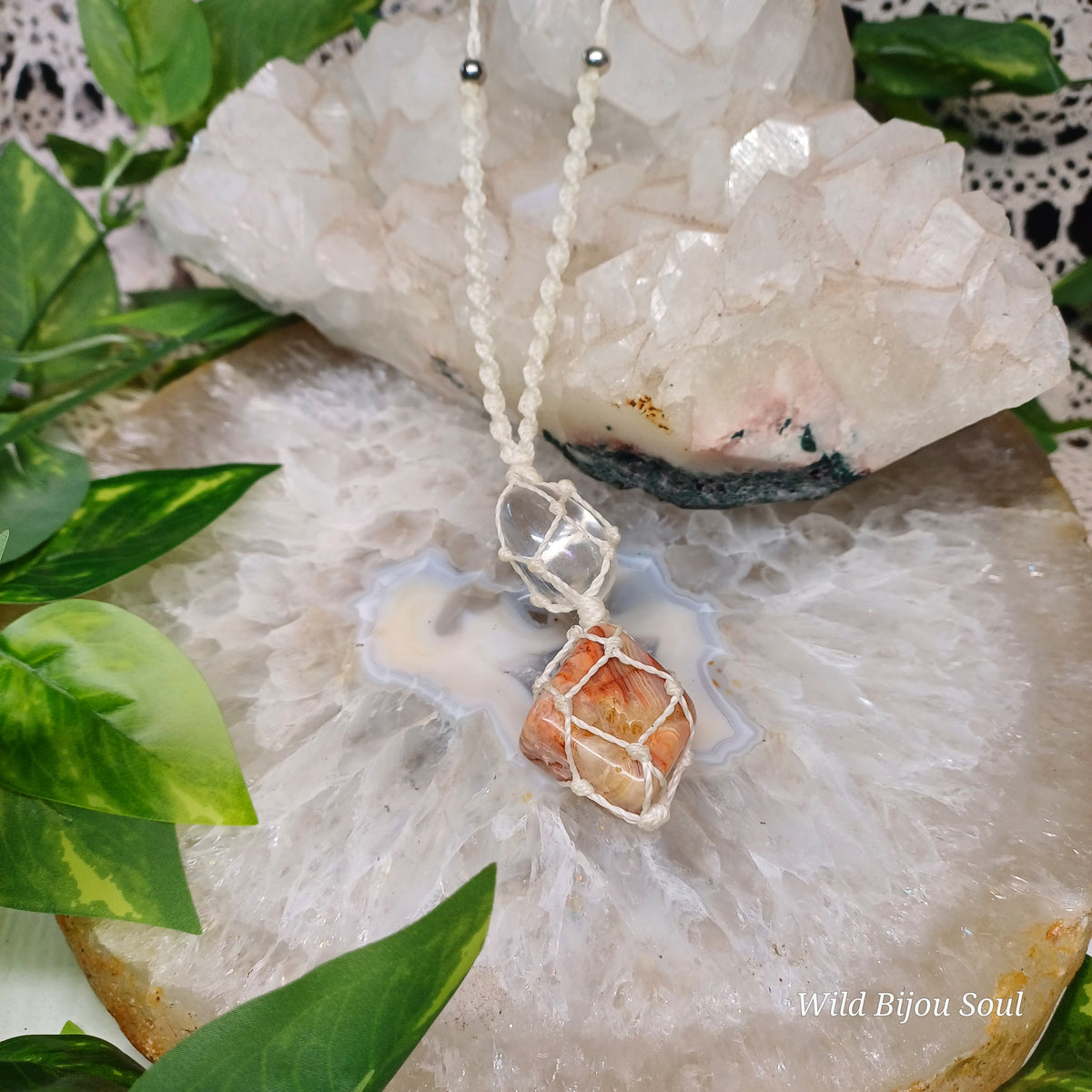 Crazy Lace Agate and Clear Quartz Necklace