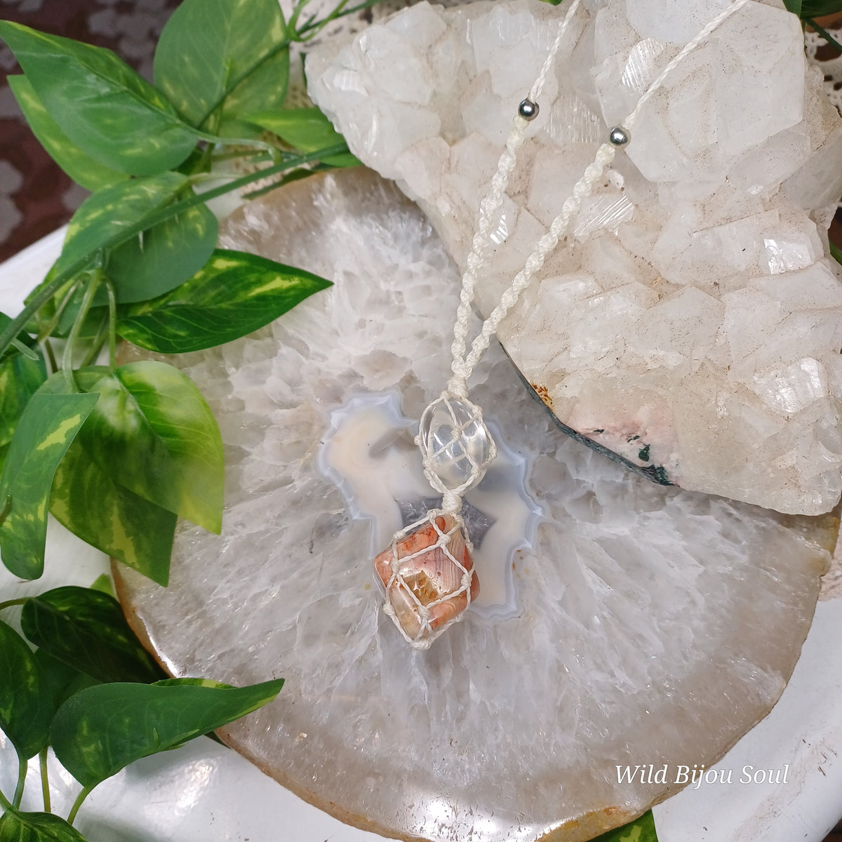 Crazy Lace Agate and Clear Quartz Necklace