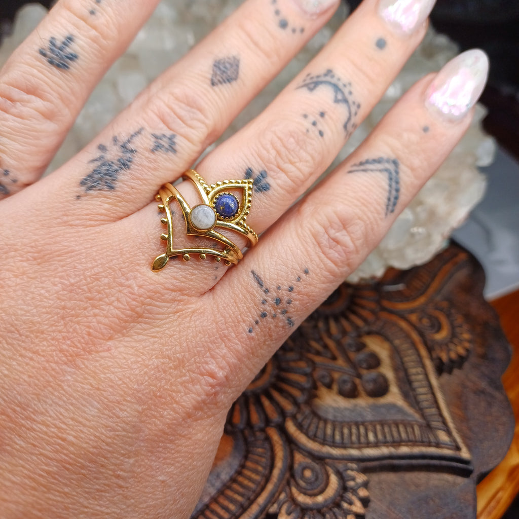 Lapis Lazuli & Moonstone Brass Rings