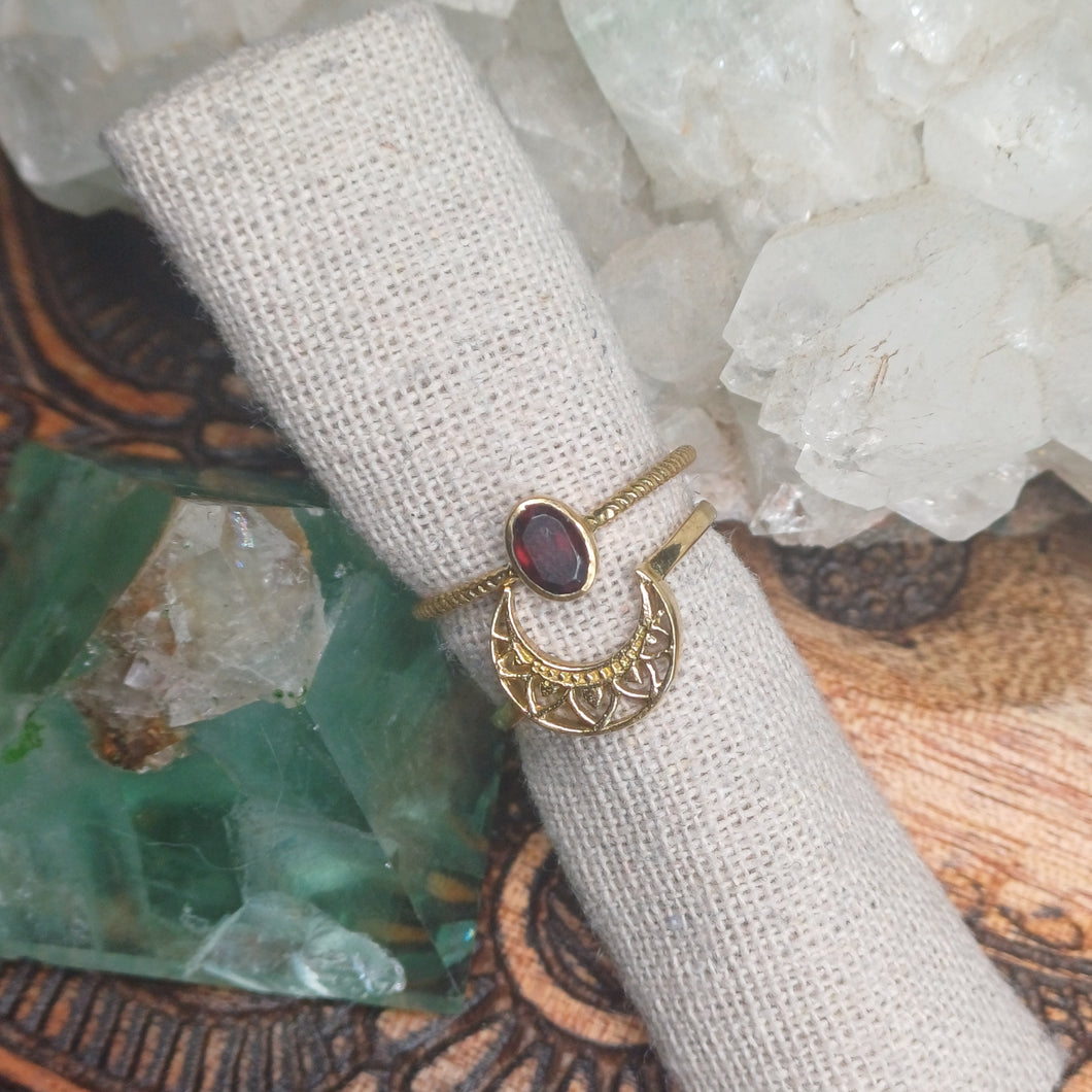 Ruby Crescent Moon Brass Rings
