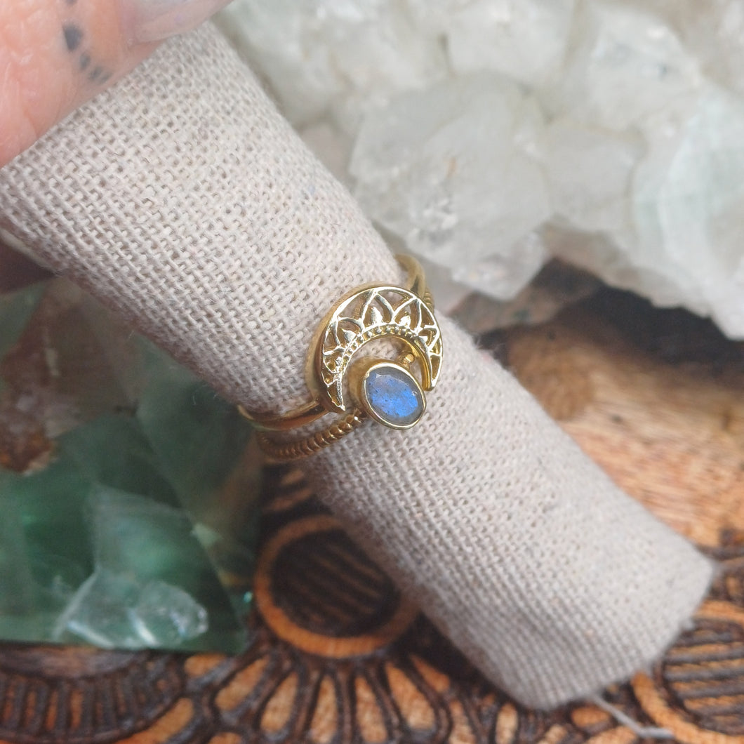 Labradorite Crescent Moon Brass Rings