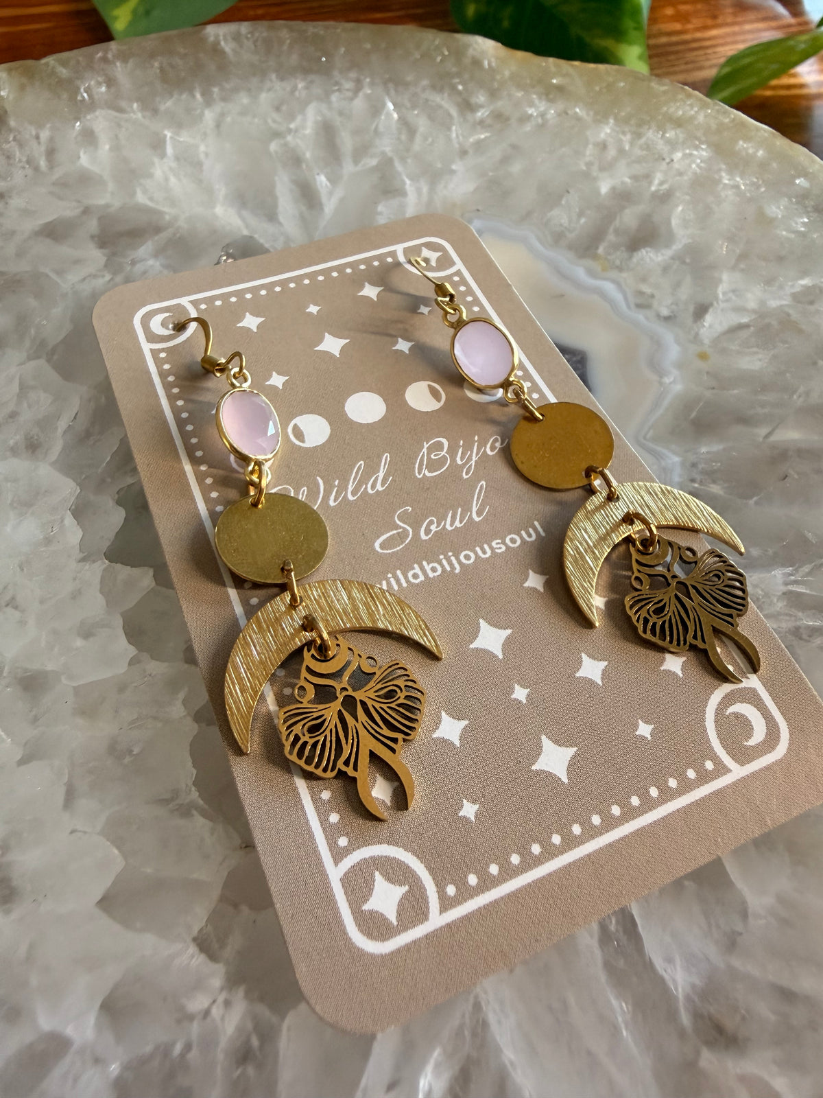Rose Quartz Goddess Moon Earrings