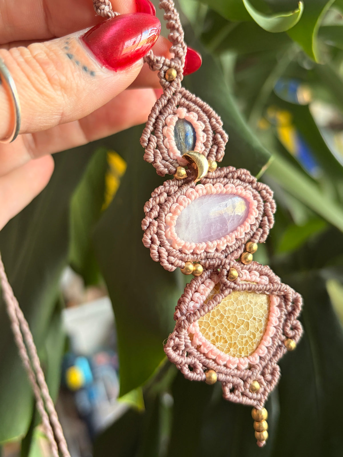 Kyanite, kunzite and fossilised coral necklace