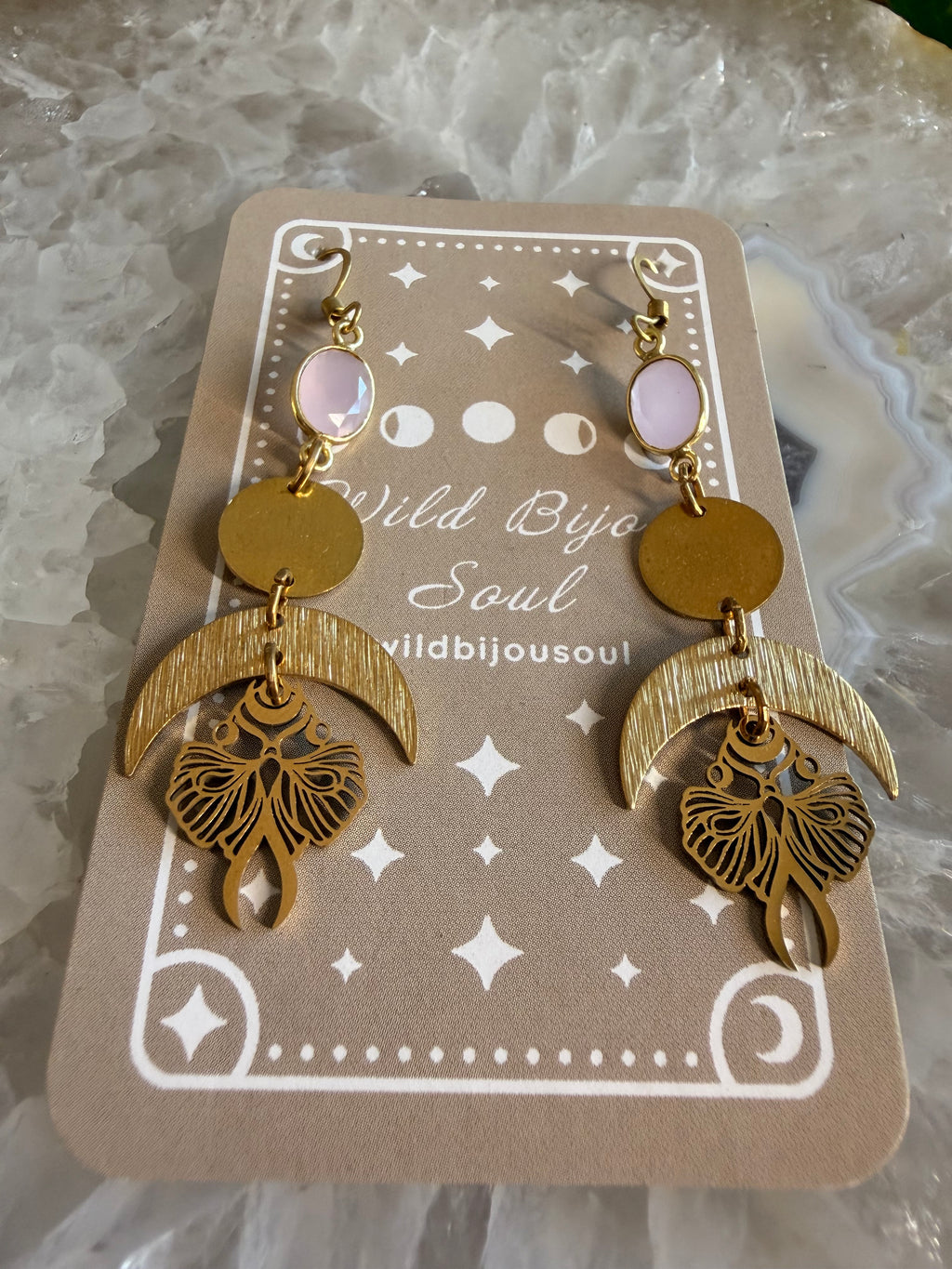 Rose Quartz Goddess Moon Earrings