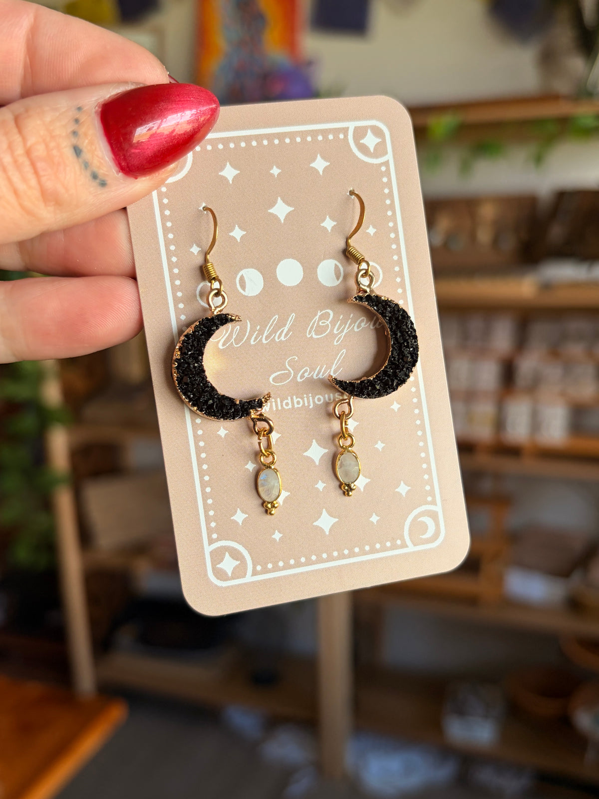 Black Crescent Moonstone Earrings