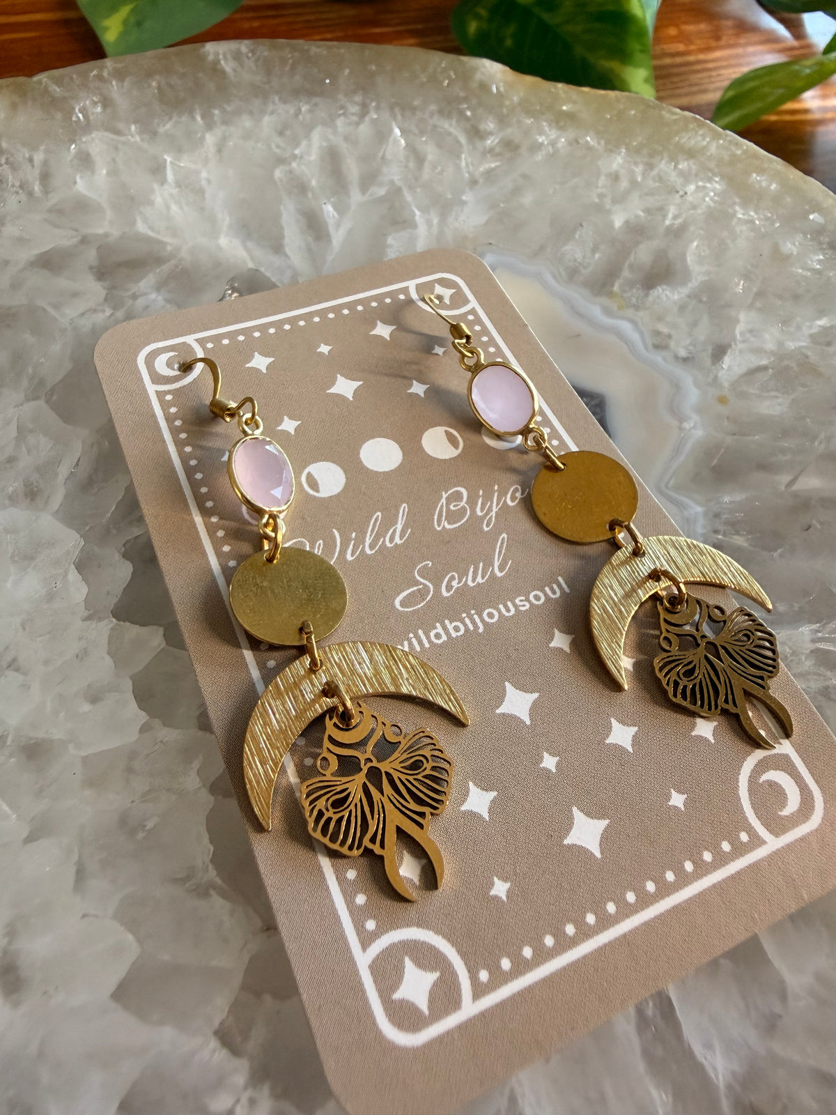 Rose Quartz Goddess Moon Earrings