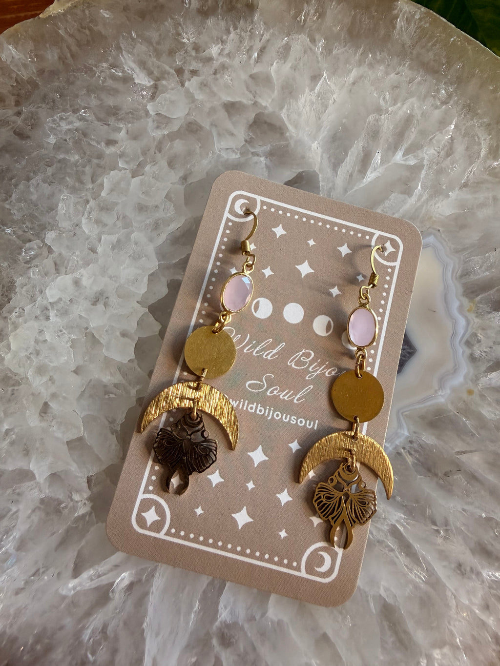 Rose Quartz Goddess Moon Earrings