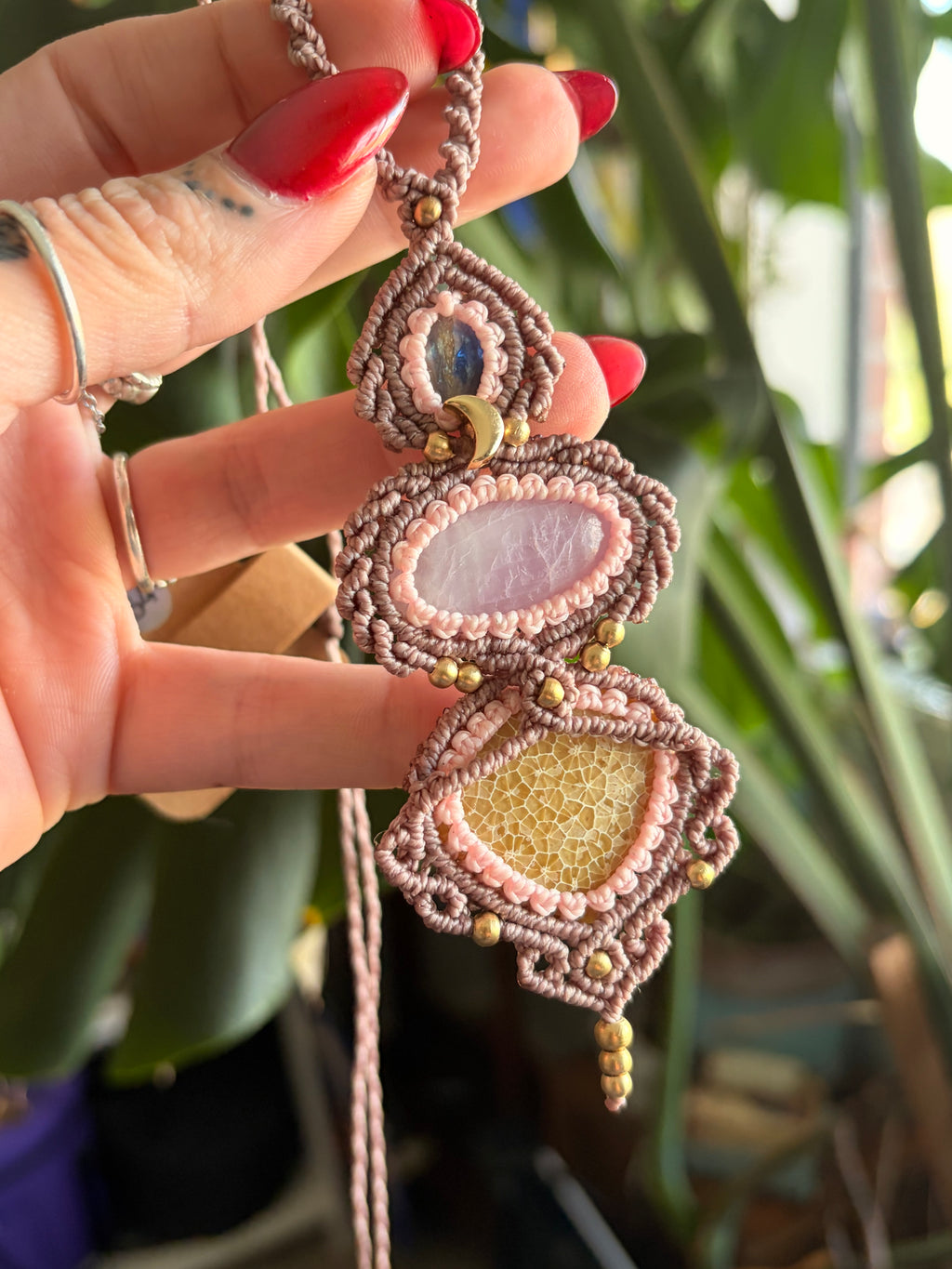 Kyanite, kunzite and fossilised coral necklace
