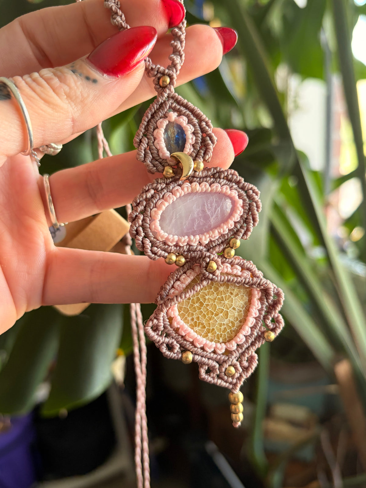 Kyanite, kunzite and fossilised coral necklace