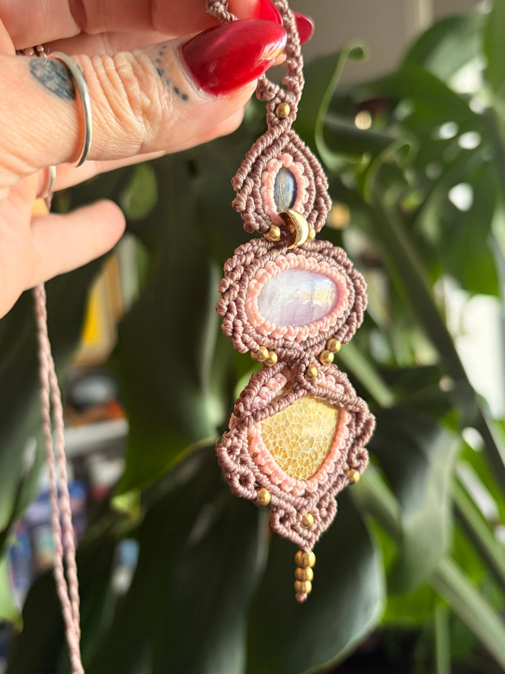 Kyanite, kunzite and fossilised coral necklace