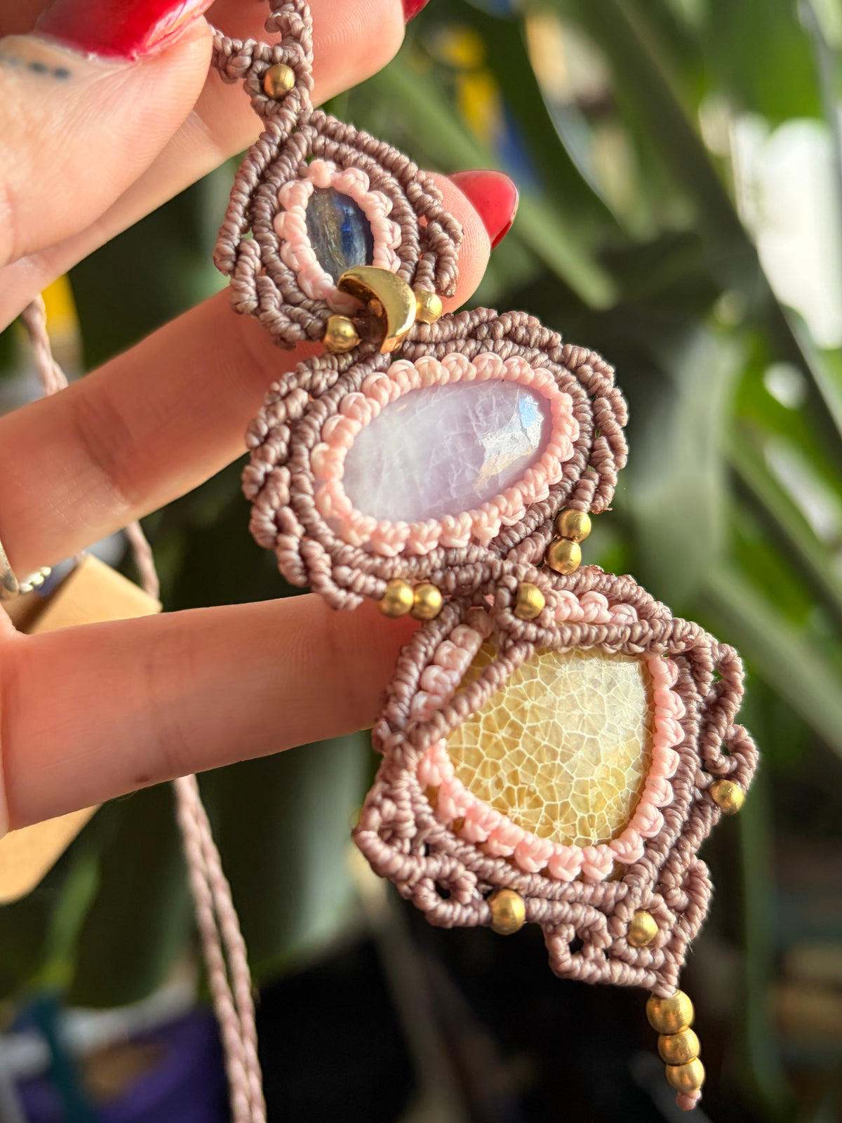 Kyanite, kunzite and fossilised coral necklace
