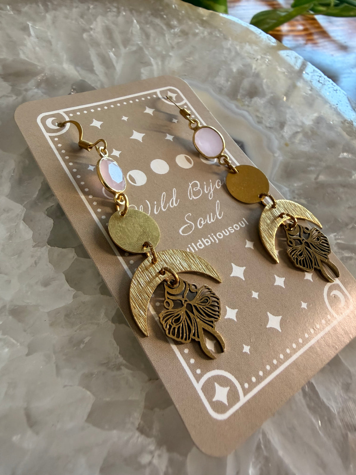 Rose Quartz Goddess Moon Earrings