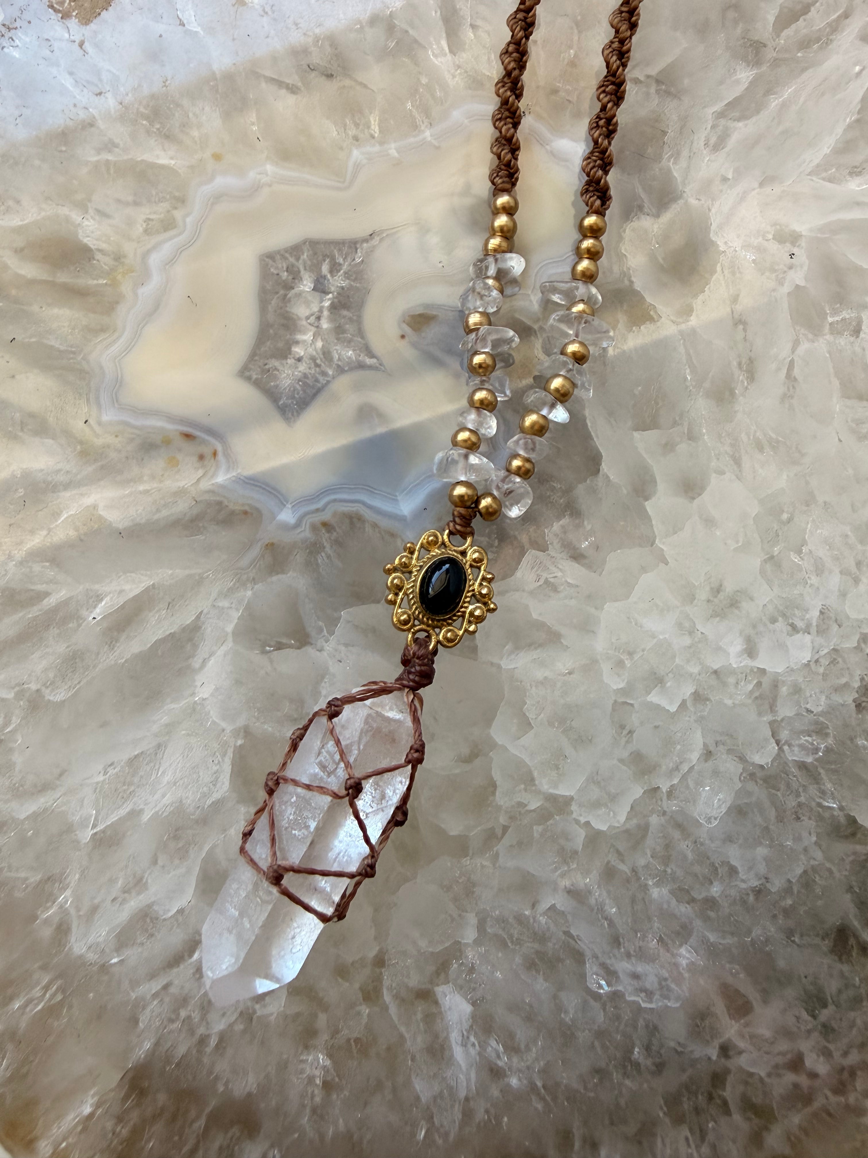 Clear Quartz & Obsidian Macramé Necklace