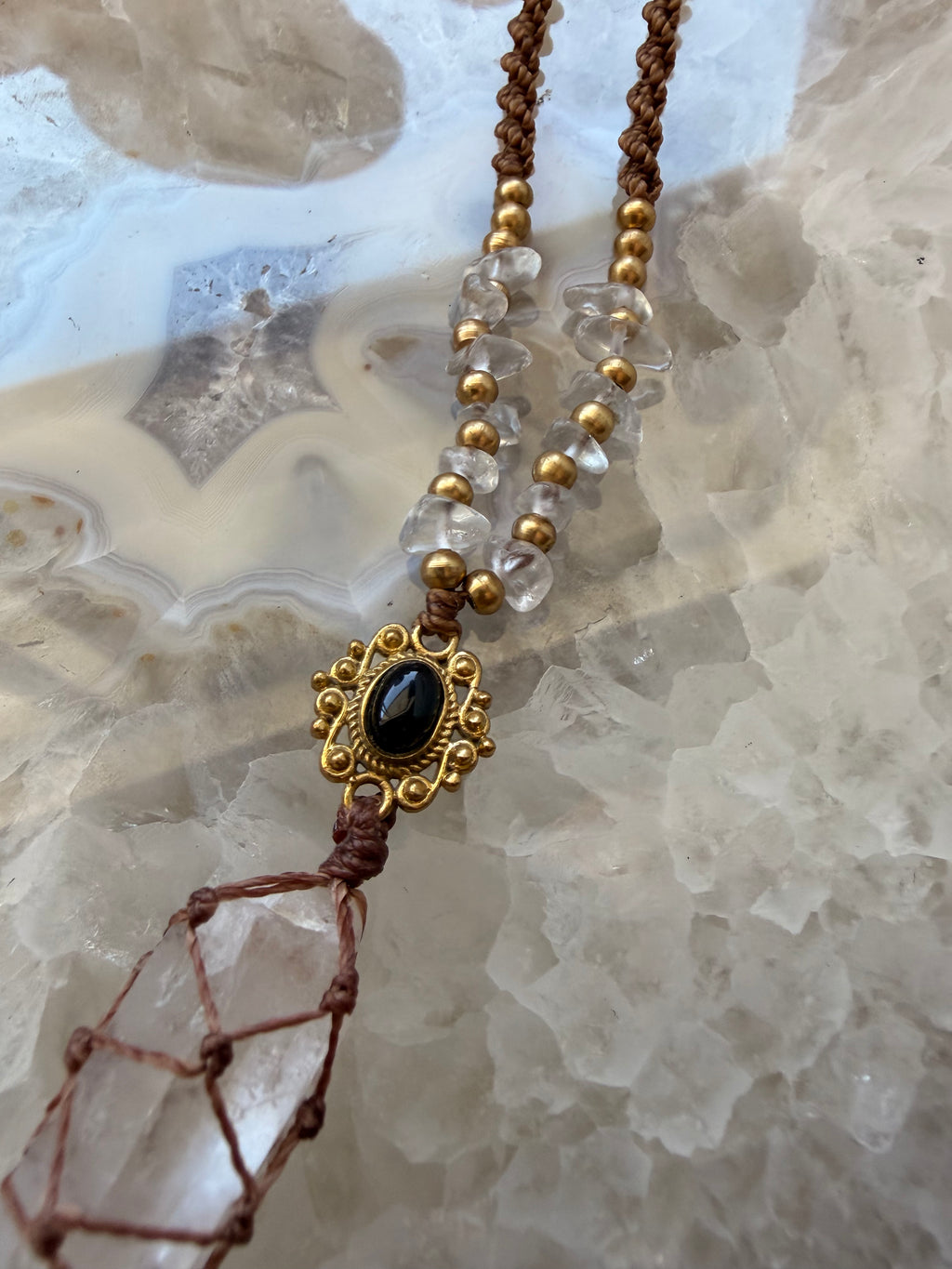 Clear Quartz & Obsidian Macramé Necklace