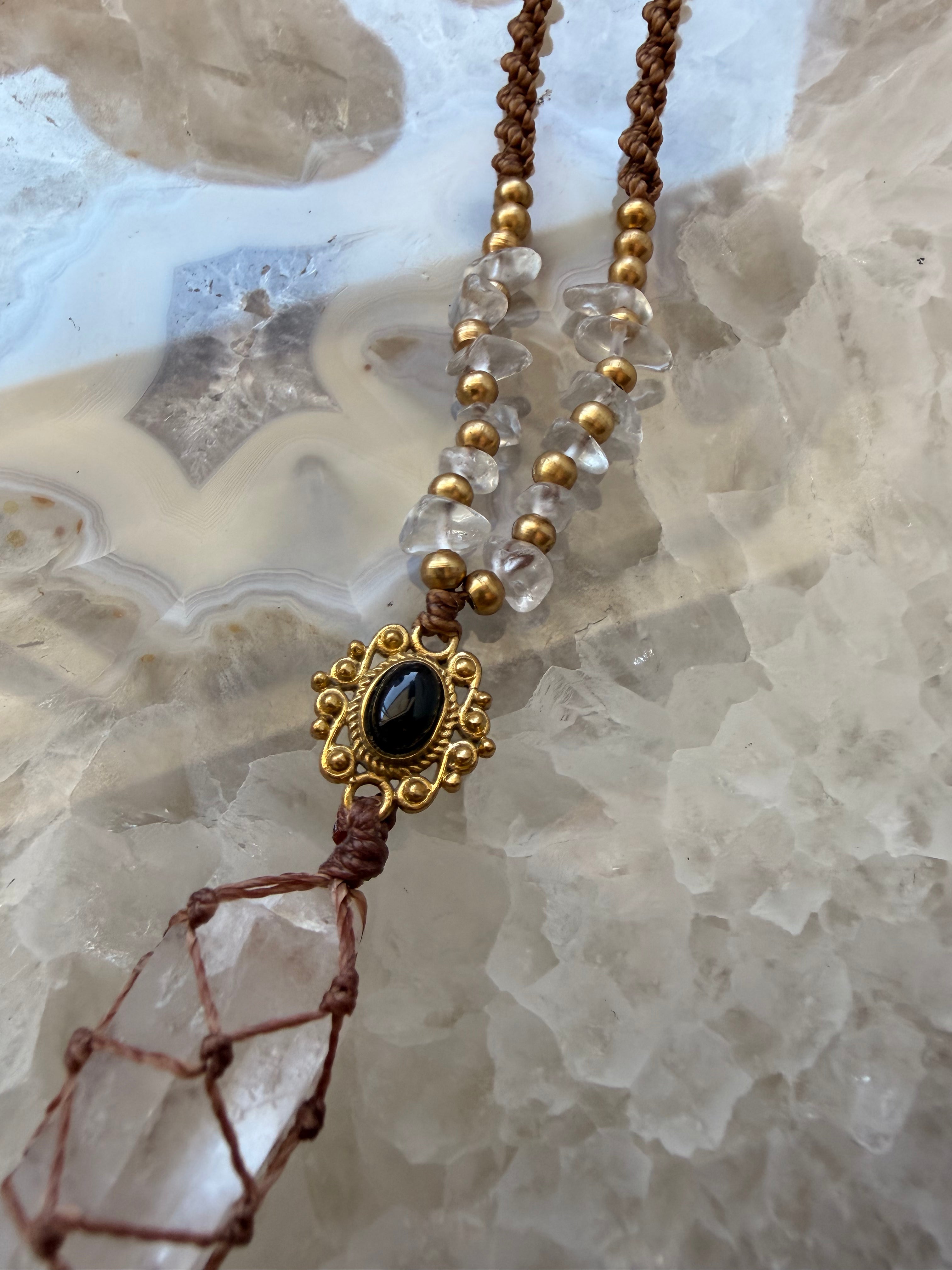 Clear Quartz & Obsidian Macramé Necklace