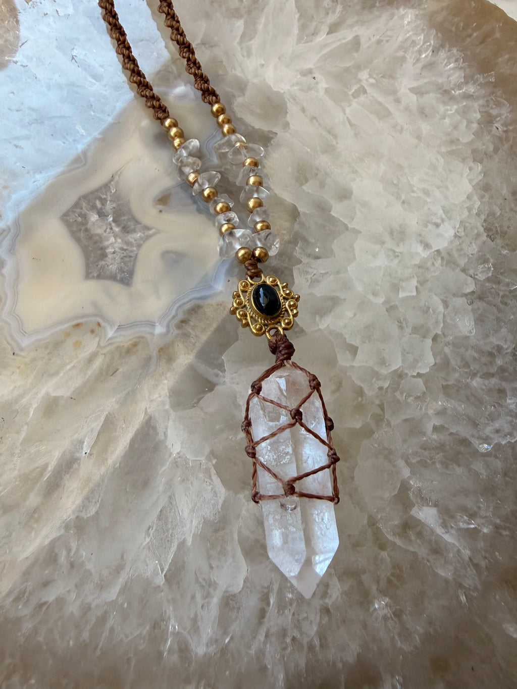 Clear Quartz & Obsidian Macramé Necklace