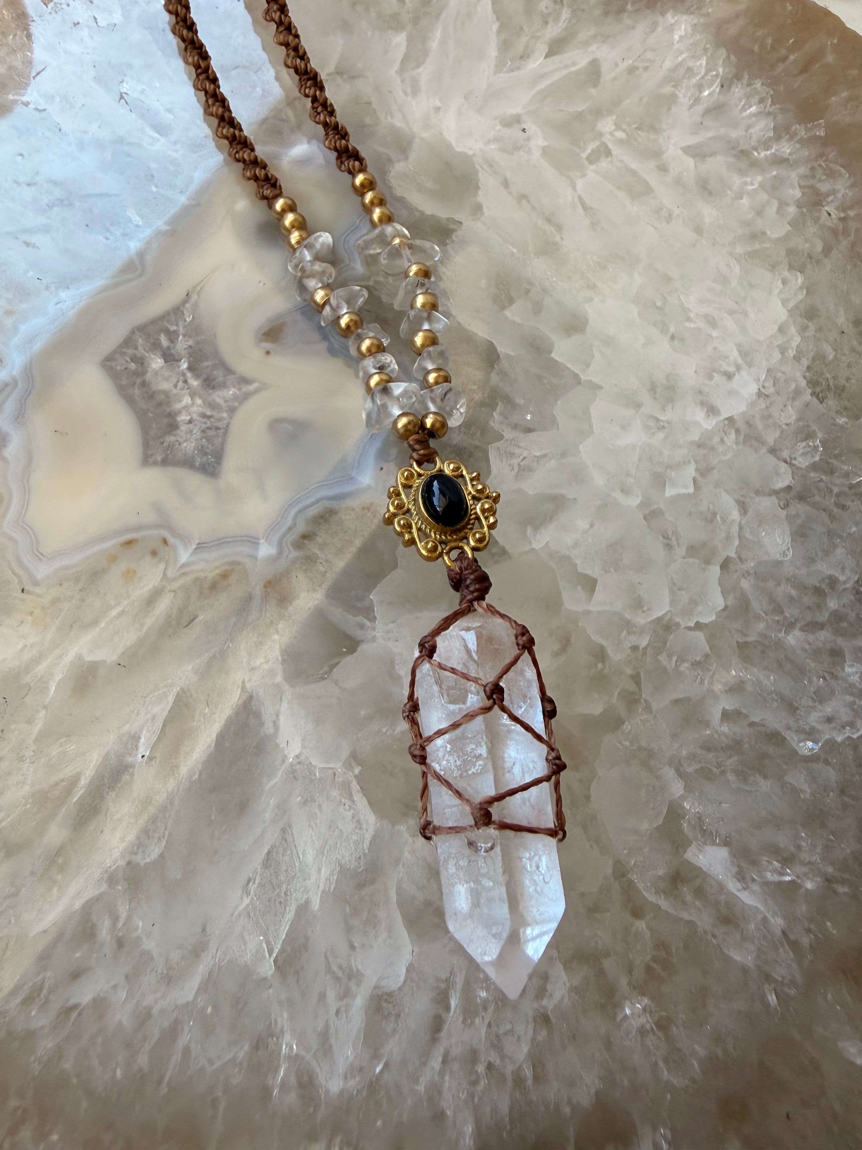 Clear Quartz & Obsidian Macramé Necklace
