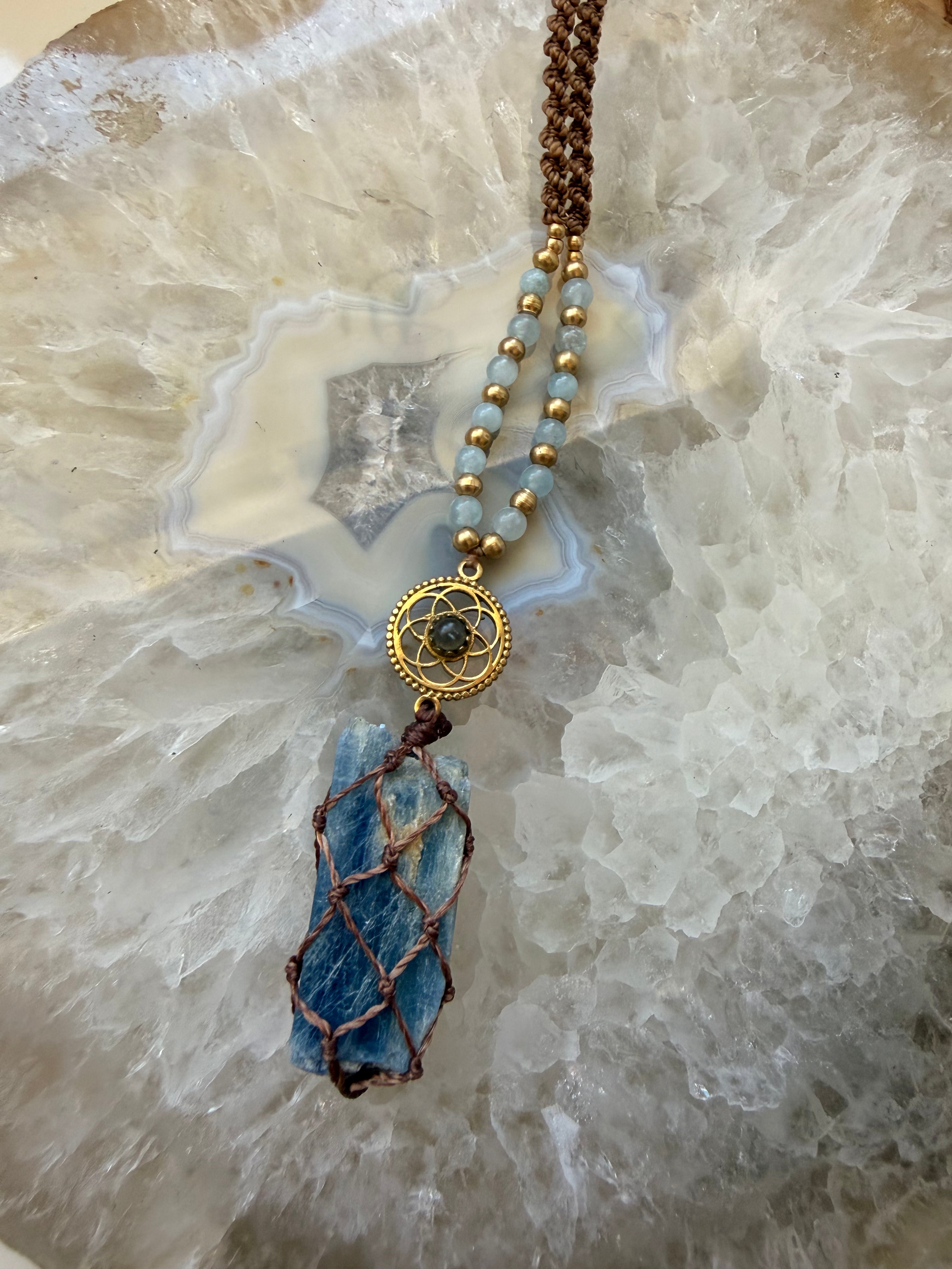 Kyanite, Labradorite & Angelite Macramé Necklace