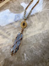 Load and play video in Gallery viewer, Kyanite, Obsidian &amp; Aquamarine Macramé Necklace
