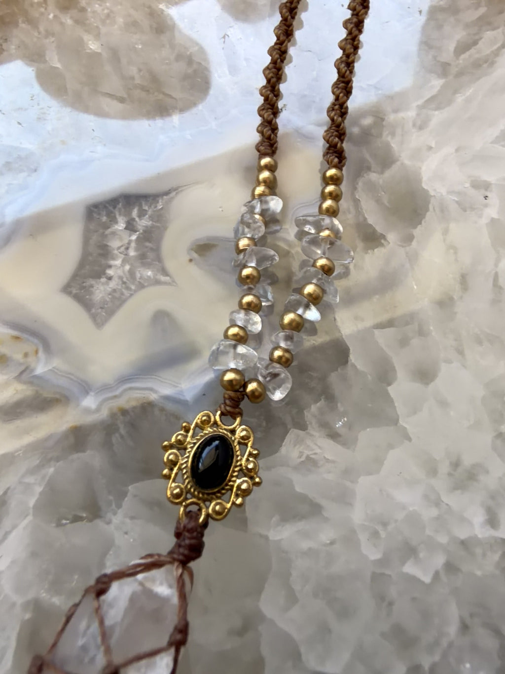 Clear Quartz & Obsidian Macramé Necklace