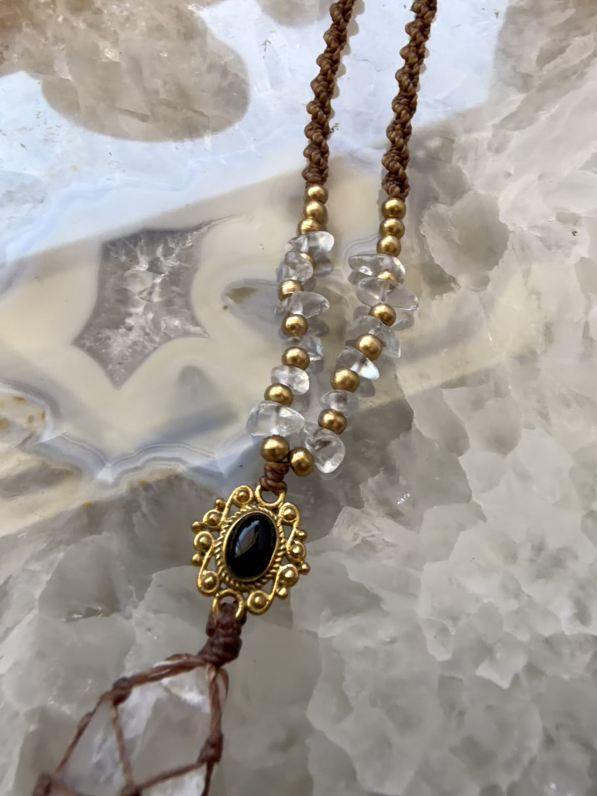 Clear Quartz & Obsidian Macramé Necklace