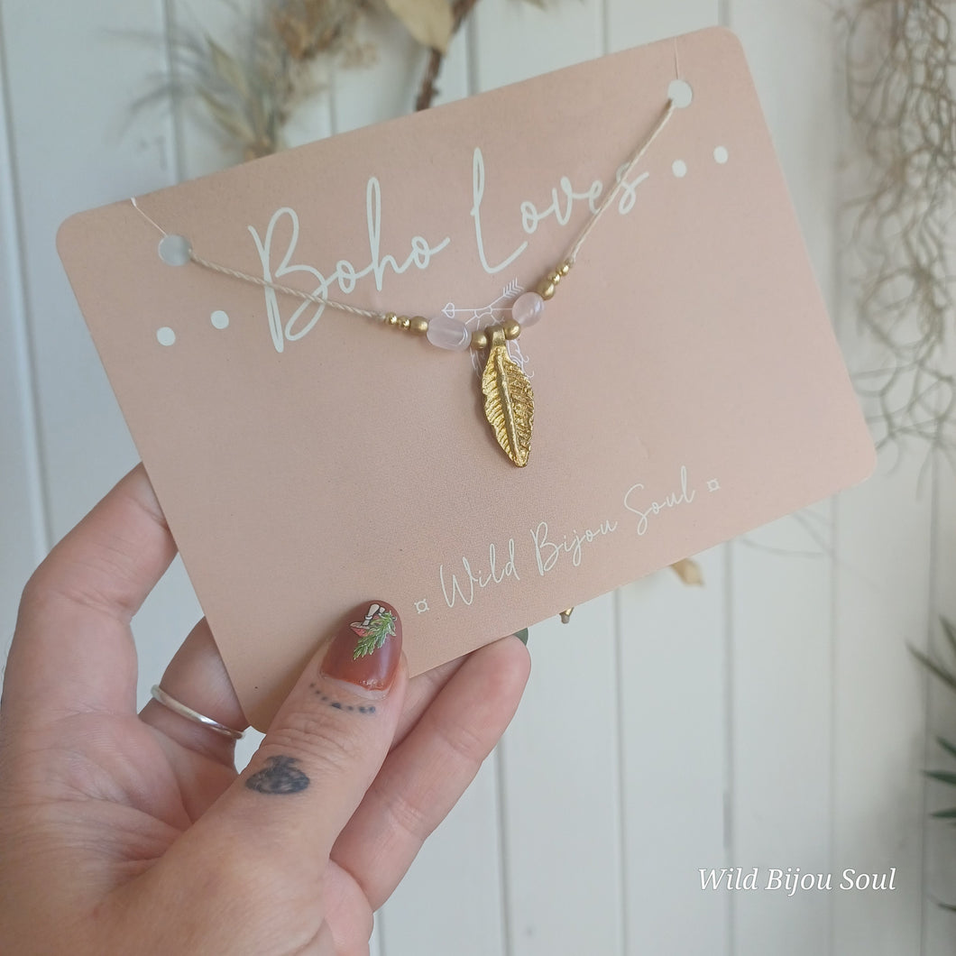 Gold Feather Rose Quartz Necklace